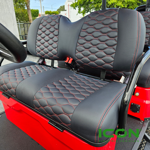 ICON Black Comfort Custom Seat Cool Touch Base with Stretch Hex Pattern with Red Stitching, STC-BLKHEXRED-IC-COMF