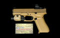 GLOCK 19X MOS Davidson's Exclusive – Coyote Brown, optic-ready, with AmeriGlo tall sights, Modular Optic System, GMB barrel, and three mags included. Reliable and feature-rich 9mm. Shown here with example RDS and WML.