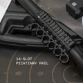 Ruger 10/22 extended 14-slot Picatinny rail mount with level bubble.