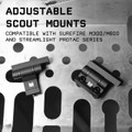 Adjustable scout light mount with pivoting plate, 180-degree rotation.