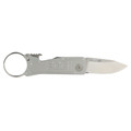 SOG Snarl silver fixed blade neck knife with sheepsfoot blade and hard molded sheath.