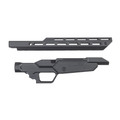 Sharps Bros Heatseeker chassis for Ruger American Ranch rifles using AR-15 magazines, black Cerakote aluminum with 14-inch handguard.