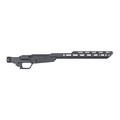 Sharps Bros Heatseeker chassis for Ruger American Ranch rifles using AR-15 magazines, black Cerakote aluminum with 14-inch handguard.