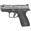 Smith & Wesson M&P Shield X Carry Comp 9mm CA-compliant pistol with ported barrel, optic-ready slide, night sights, and two 10-round magazines.