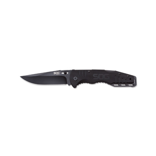 SOG Salute black tactical folding knife with G10 handle and Bowie blade. SOG Salute black tactical folding knife with G10 handle and Bowie blade.