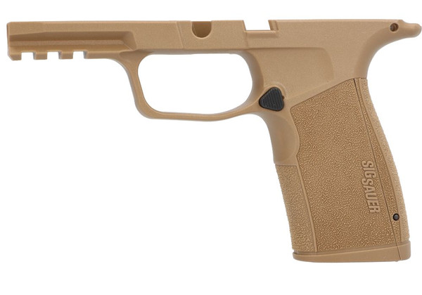 Factory replacement for the P365-XMACRO grip module in Coyote Tan color. It features a true 1913 accessory rail and three interchangeable backstraps (S, M, L) to ensure a proper fit for the user's hand. The medium backstrap comes preinstalled.
