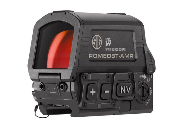 SIG SAUER ROMEO8T-AMR red dot sight with Automatic Modified Reticle, 40mm lens, NV compatible, 50K-hour runtime, and MIL-STD durability. Built in USA.