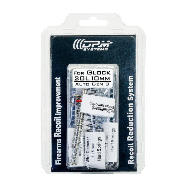 DPM Mechanical Recoil Reduction System for Glock 20L (Gens 1–3) drop-in multi-spring recoil rod with mandatory washer, 3 spring sets, and ~30 lb full-open buffering. Reduce felt recoil, protect slide/frame, and tune for your ammo. Lifetime warranty. DPM Mechanical Recoil Reduction System for Glock 20L (Gens 1–3) drop-in multi-spring recoil rod with mandatory washer, 3 spring sets, and ~30 lb full-open buffering. Reduce felt recoil, protect slide/frame, and tune for your ammo. Lifetime warranty.
