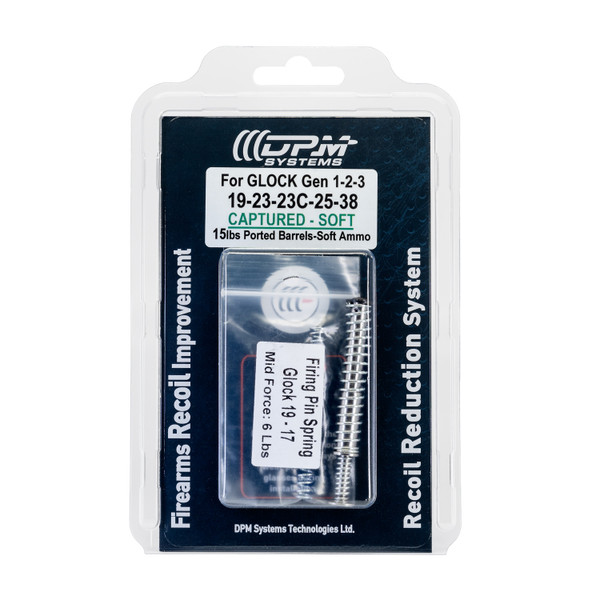 DPM Captured Recoil System for Glock 19, 23, 25, 32, and 38 Gen 1–3 and Gen 6. Soft version ideal for low-power ammo and ported barrels. Recoil reduction and frame protection.