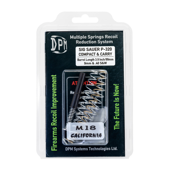 DPM Mechanical Recoil Reduction System for SIG P320 M18 (California Standard Version) drop-in captured recoil rod with short/medium/long springs and mandatory spring plug. Reduce felt recoil, protect slide/frame, and tune for reliability. Lifetime warranty. DPM Mechanical Recoil Reduction System for SIG P320 M18 (California Standard Version) drop-in captured recoil rod with short/medium/long springs and mandatory spring plug. Reduce felt recoil, protect slide/frame, and tune for reliability. Lifetime warranty.