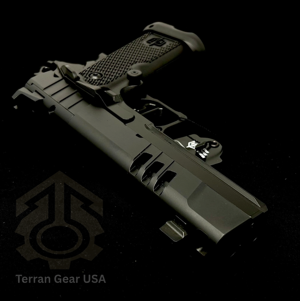 MAC 9 DS-D Comp 9mm pistol with forged steel frame, integrated ported barrel, and optic-ready AOS plate system. 2011-compatible duty-grade performance.