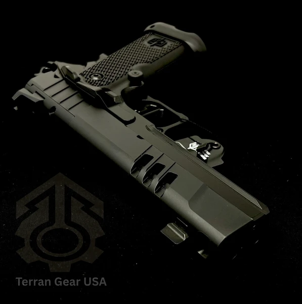 MAC 9 DS-D Comp 9mm pistol with forged steel frame, integrated ported barrel, and optic-ready AOS plate system. 2011-compatible duty-grade performance.