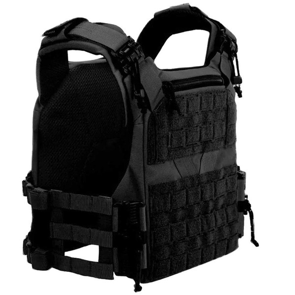The MKS Full Forge Gear Plate Carrier Shelter in Black offers rugged ballistic nylon, MOLLE compatibility, and quick-release buckles. Fits 10x12 and 11x14 plates.