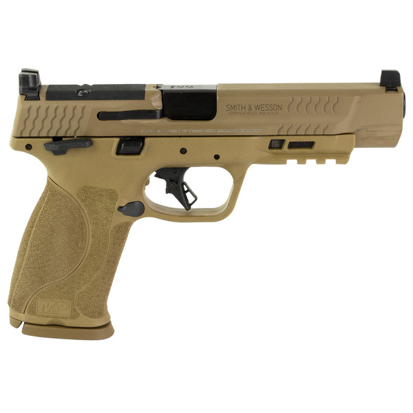 Image of S&W M&P 2.0 9MM 5" 17RD FDE Thumb Safety OR with SKU: SW13569
 Experience superior performance with the Smith & Wesson M&P 9 M2.0 9mm Pistol, featuring a robust 5-inch barrel and a high-performance polymer frame. This pistol is engineered for ...