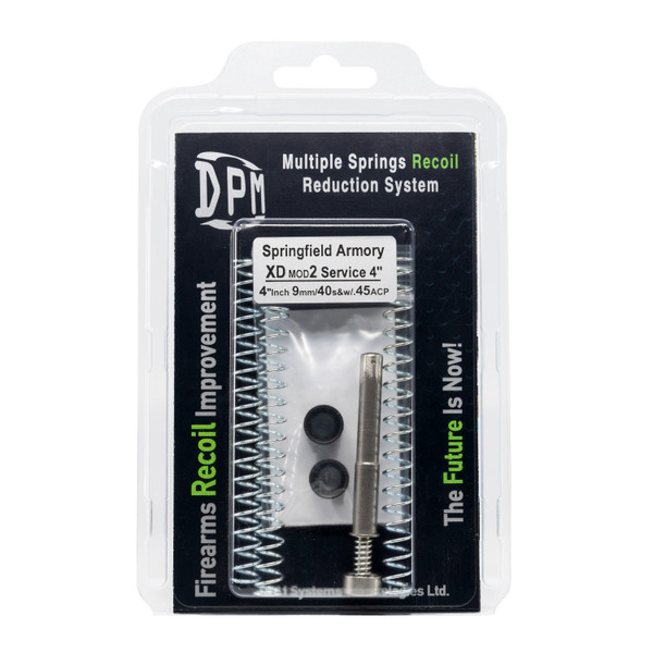 DPM Recoil Reduction System for Springfield XD MOD.2 Service 4” direct fit, 6 adjustable settings, supports 9mm/.40/.45, tunable springs, ~18.7–25.3 lb buffer force, lifetime warranty.