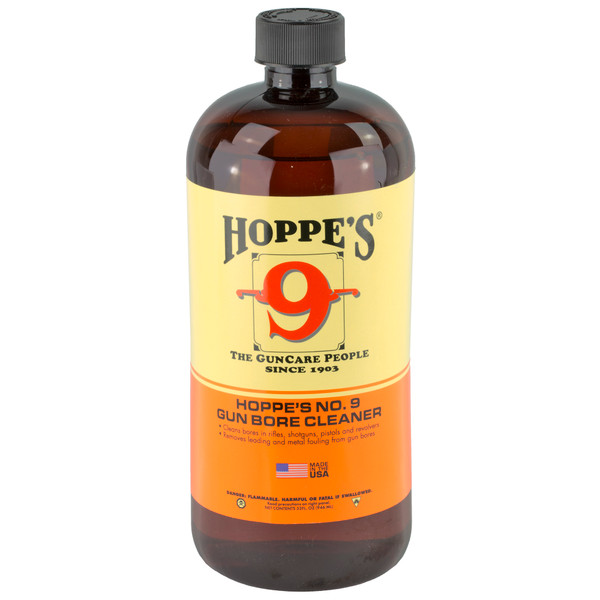 Hoppe's No. 9 Solvent Liquid Quart for removing powder, lead, metal fouling, and rust. Hoppe's No. 9 Solvent Liquid Quart for removing powder, lead, metal fouling, and rust.