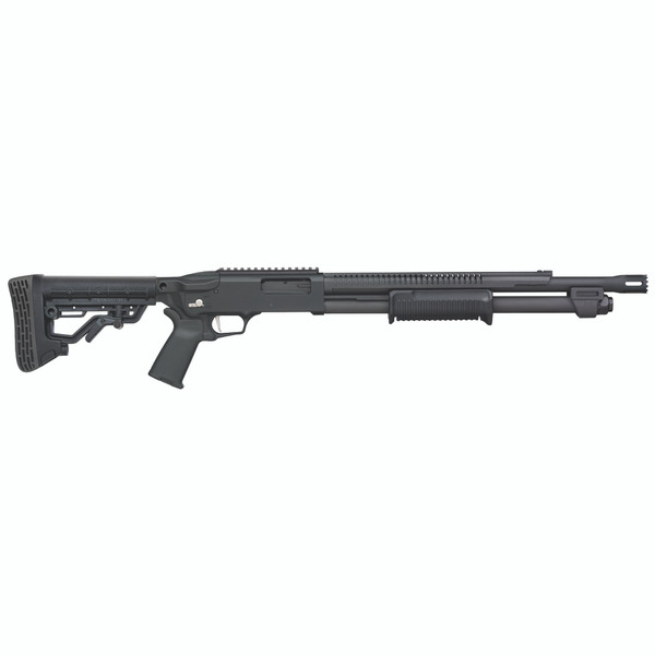 Mossberg 590R shotgun, 12 gauge, 18.5" barrel, stand-off barrel, black finish, rotary safety.