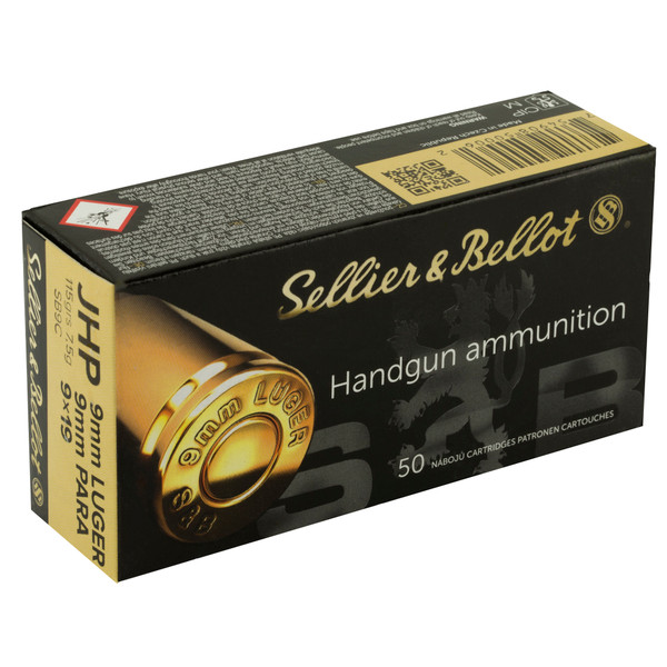 Sellier & Bellot 9mm 115gr JHP pistol ammo for self-defense and competitive shooting accuracy.