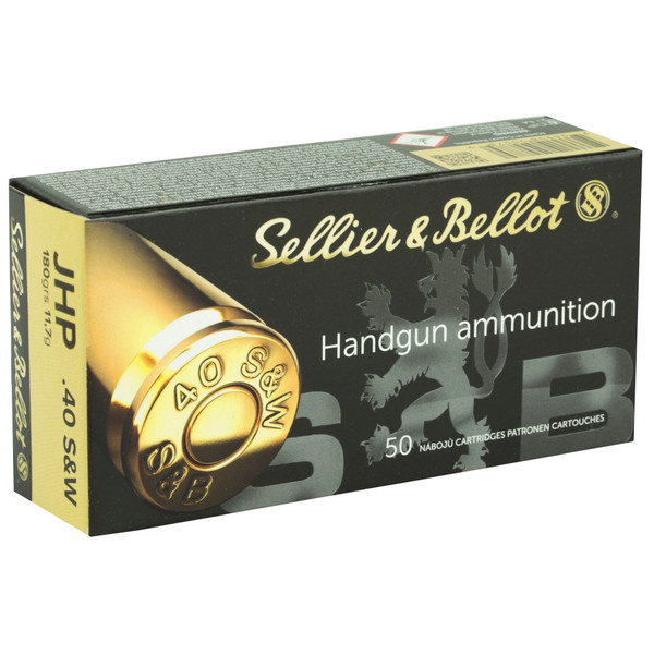 Sellier & Bellot 40 S&W 180gr JHP pistol ammo for self-defense and competitive shooting.