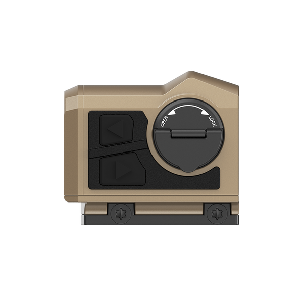 INFITAC Fast Mini Series FMP13 in FDE– Compact thermal scope with 256x192 resolution, 60Hz refresh rate, 13mm F1.0 lens, 360x300 display, 5-hour CR2 battery, IP67 waterproof durability, and 1200G recoil resistance.