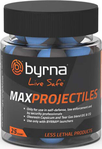 Byrna Max Projectiles .68 cal — 25-count tub. High-concentration OC + CS chemical rounds for maximum stopping power, rapid dispersion, and defensive use. Check local laws before purchase.