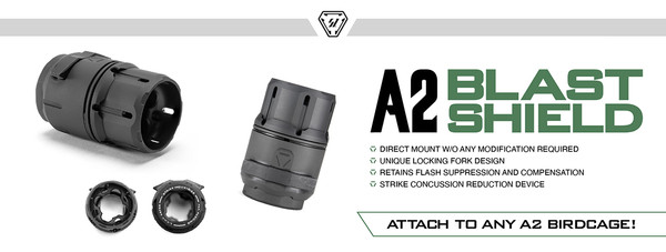 Strike A2 Blast Shield — quick-install concussion reduction for A2 birdcage muzzle devices. Reduces blast, preserves A2 flash suppression, and features a positive fork-lock safety. Direct mount, no gunsmithing.