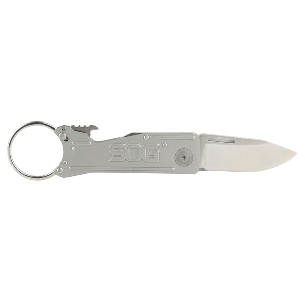 SOG Snarl silver fixed blade neck knife with sheepsfoot blade and hard molded sheath.