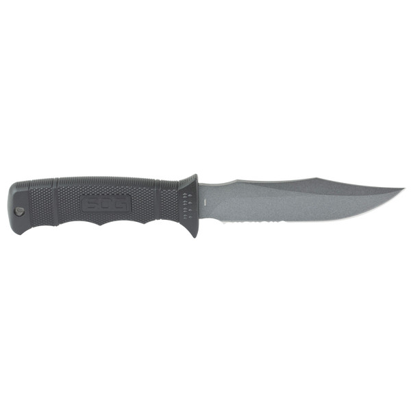 SOG Seal Pup black fixed blade knife with AUS-8 steel and MOLLE sheath.