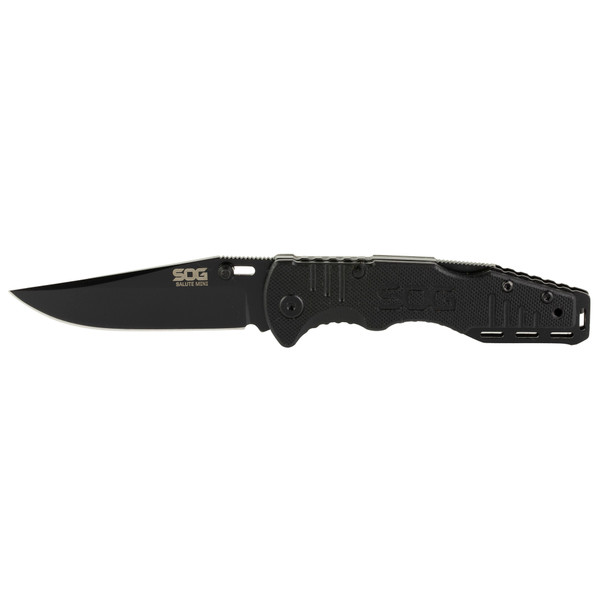 SOG Salute Mini black oxide tactical folding knife with G10 handle and Bowie blade. SOG Salute Mini black oxide tactical folding knife with G10 handle and Bowie blade.