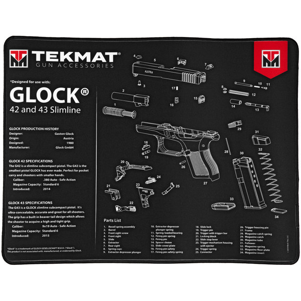 Tekmat Ultra pistol mat for Glock 42/43 in black, with exploded parts diagram.