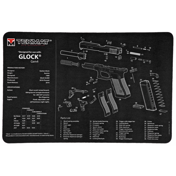 Tekmat pistol mat for Glock Gen 4 in black, featuring an exploded parts diagram.