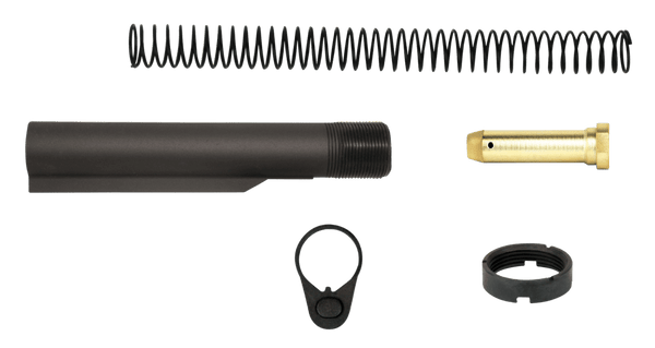 Tacfire 6-position Mil-Spec buffer tube kit with buffer, spring, castle nut, and end plate. Designed for AR-style firearms to improve stability, adjustability, and shooting comfort.