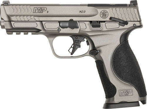 Smith & Wesson M&P9 M2.0 METAL California compliant 9mm pistol with 4.25 inch barrel, 10-round magazine, C.O.R.E optics-ready slide, flat-face trigger, and gray Cerakote finish.