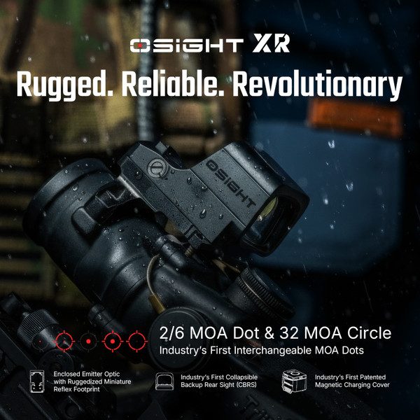Osight XR Enclosed Red Dot Sight with 2/6+32 MOA Multi-Reticle System, Ruggedized Miniature Reflex footprint, magnetic charging cover, and collapsible backup rear sight. Built for duty, carry, and competition pistols.