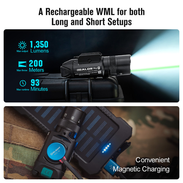 Buy the Olight Baldr Pro R rechargeable tactical light with green laser. Features 1350 lumens, magnetic charging, GL and Picatinny rail compatibility, and multiple light modes for defensive use.