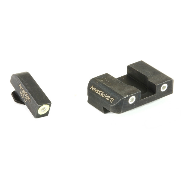 AmeriGlo green tritium front and rear night sights for Glock 17 and 19 with high-contrast outlines for 24/7 visibility.