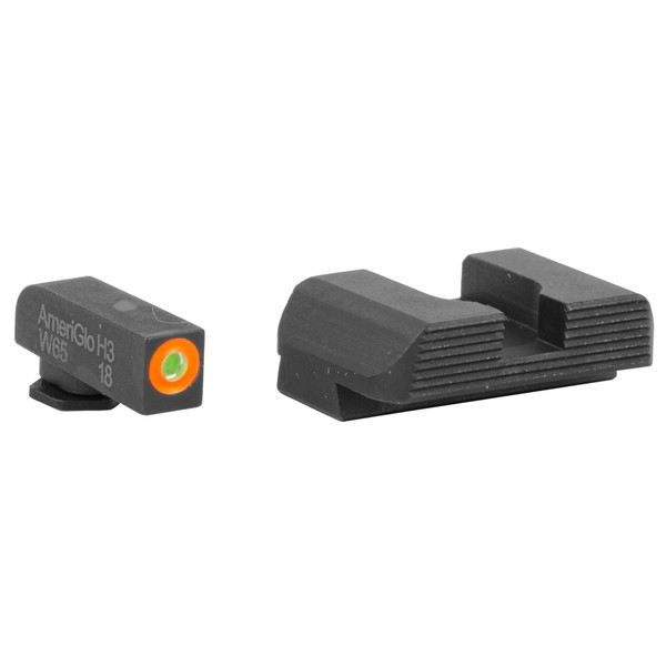 AmeriGlo Protector sights for Glock 43 with orange ProGlo tritium front post and black serrated square notch rear sight.