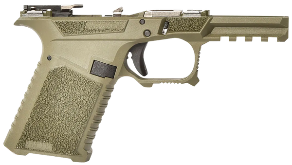 SCT Manufacturing Compact Polymer Frame with aggressive grip, OD Green finish, Picatinny rail, flared mag well. Compatible with Gen3 Glock 19, 23, 32, multi-caliber support. Buy at Terran Gear USA.
