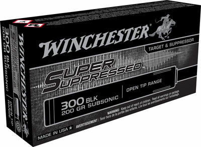 Discover Winchester Super Suppressed .300 AAC Blackout 200 Grain subsonic ammo for quiet, clean shooting. Optimized for suppressors with 1060 fps velocity, reduced noise, and consistent accuracy. 20 rounds per box - ideal for target practice and range use in California. Buy now at Terran Gear USA.