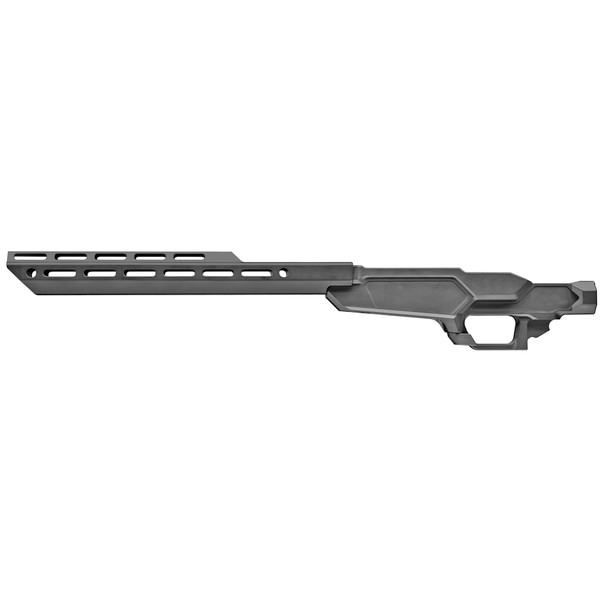 Sharps Bros Heatseeker chassis for Remington 700 Short Action rifles, matte black aluminum with AICS magazine compatibility.