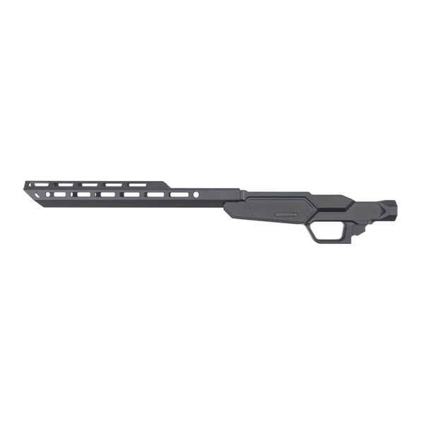 Sharps Bros Heatseeker chassis for Ruger American Ranch rifles using AR-15 magazines, black Cerakote aluminum with 14-inch handguard.