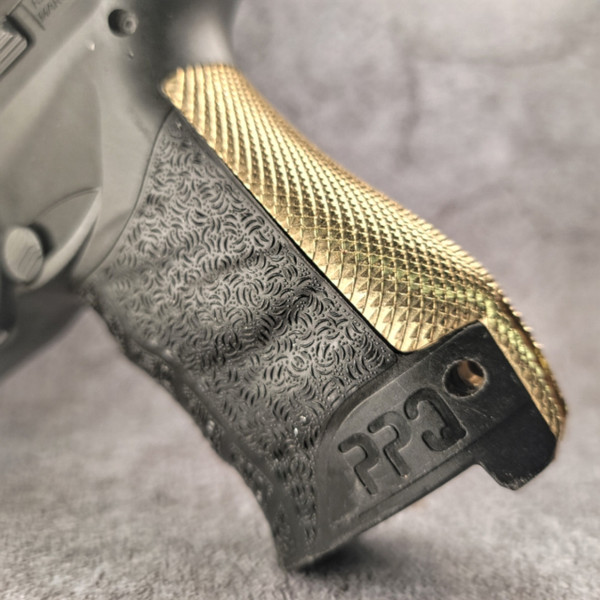 Walther PDP and PPQ compact brass Death Grip backstrap with aggressive checkering. Improve recoil control, balance, and grip for faster, more accurate shooting.