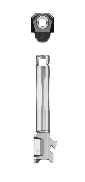 Radian Weapons RAMJET fluted barrel and AFTERBURNER combo in Black/Gray Radianite finish for Glock 19 Gen 5, Glock 45, and Glock 19X. Achieve up to 44 percent recoil reduction with easy INTRA-LOK installation and G17 holster compatibility. Threadless design is legal in all 50 states. Shop now at Terran Gear USA.