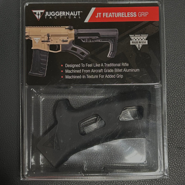 California compliant AR-15 featureless grip by Juggernaut Tactical. Includes billet end plate for improved comfort and control.