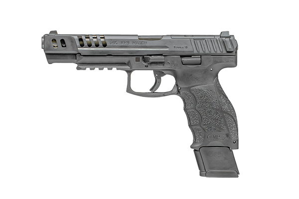 HK VP9 Match OR 9mm pistol with 5.5” barrel, optics-ready slide, and enhanced ergonomics. Built for competition accuracy and performance.