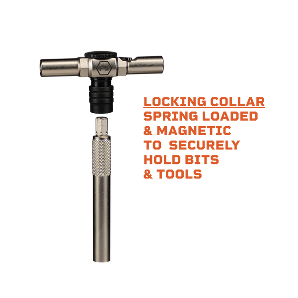 Fix It Sticks Ratcheting T-Way Wrench with Locking Hex Drive features secure 1/4-inch bit retention, ratcheting action, and cleaning rod compatibility.