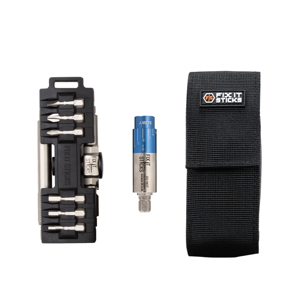 Fix It Sticks Compact Ratcheting Multi-Tool includes a locking T-way wrench, 6–25 in-lb torque driver, 16 bits, and belt pouch for precision maintenance.