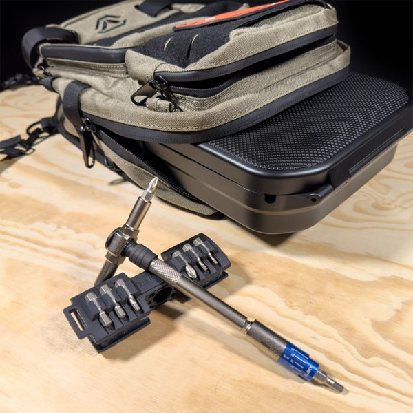 Fix It Sticks Compact Ratcheting Multi-Tool includes a locking T-way wrench, 6–25 in-lb torque driver, 16 bits, and belt pouch for precision maintenance.