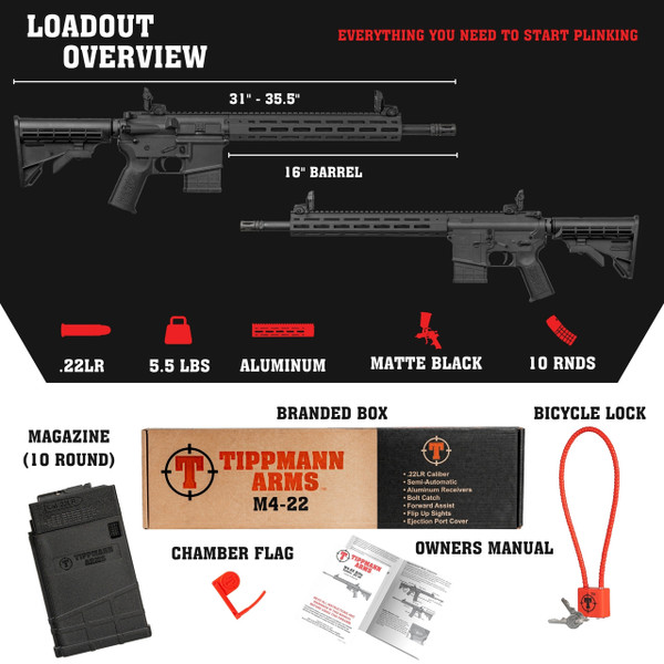 Train smarter with the California Compliant Tippmann Arms M4-22 ELITE Tactical .22 LR rifle featuring aluminum receivers, M-LOK handguard, and AR compatibility.