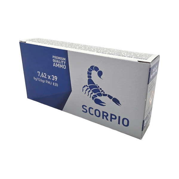STV Technology Scorpio 7.62x39 124 Grain FMJ ammunition features reloadable brass cases, non-corrosive Boxer primers, and reliable performance. 20-round box.